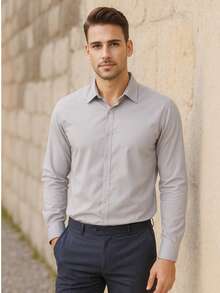 Men's Long Sleeve Dress Shirt Office Casual Good Quality Slim Fit With Spandex Day - 灰色 - 查看 1
