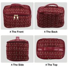 Makeup Bag, Large Cosmetic Travel Bag Woolen Make Up Brush Organizer Bag Tweed Plaid Toiletry Bag For Women - 紅色 - 查看 5