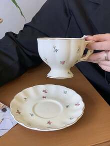 Zestaw 1 filiżanki do kawy i spodka z francuskim złotym rantem i kwiatowym wzorem, zabytkowa, ekskluzywna filiżanka do kawy z płatkami, ekskluzywny kubek deserowy, kubek na mleko śniadaniowe, talerzyk na przekąski, odpowiedni do domu, restauracji, kawiarni, cukierni, prezentu dla przyjaciół, zastawy stołowej, imprezy - Wielokolorowe - Zobacz 7