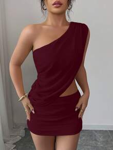 Elegant Asymmetric Solid Color Blouse & Low Waist Pleated Mini Skirt Set, Sexy Casual Party Net Splice Ruffle Hem Asymmetric/Asymmetrical Two Pieces Outfit For Evening Date, Beach, Wedding, Home - Burgundy - View 3