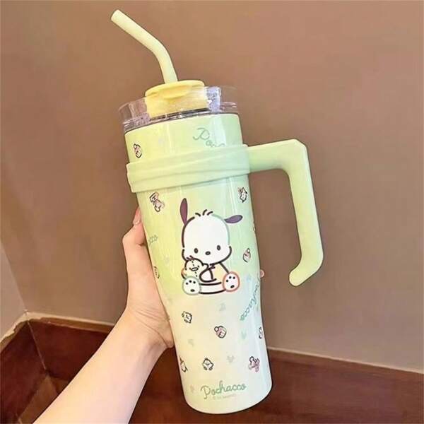1200ml/40.58oz Sanrio Thermos Cup With Handle Cute Cartoon Pochacco Large Capacity Straw Cup Coffee Cups Stainless Steel Insulated Cup Water Bottle Gifts