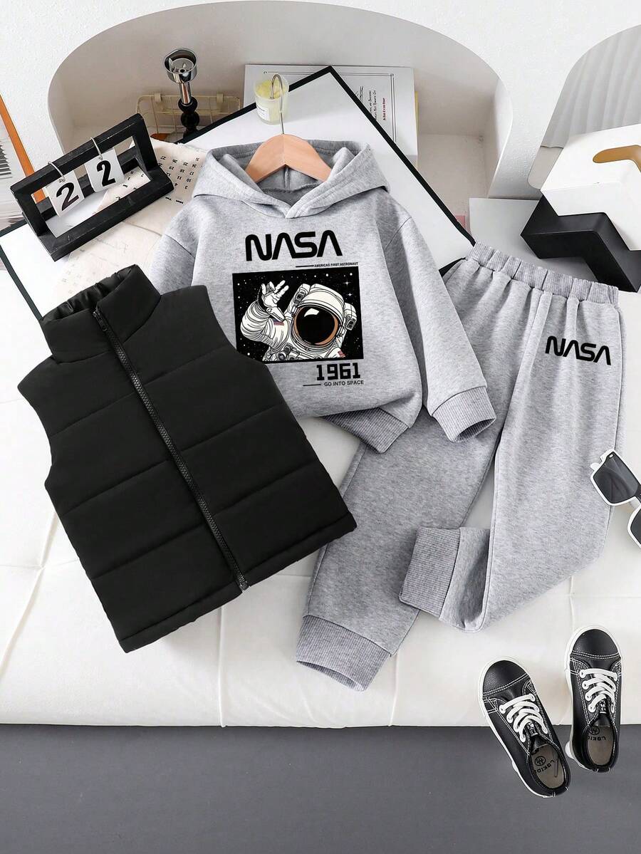 青少年男孩字母图案连帽衫和裤子套装（含衬垫背心） - 灰色 - 查看 1