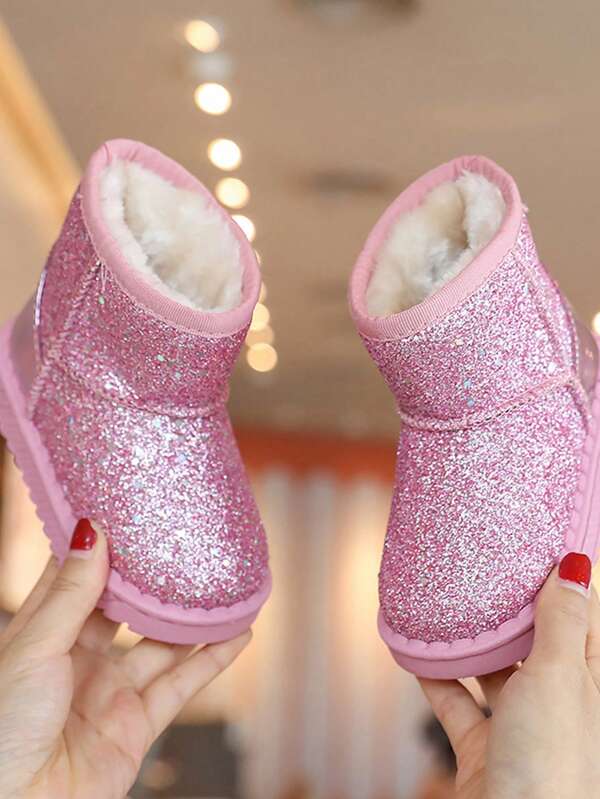 زوج من بوت الثلج الجديدة اللامعة للأطفال، بطانة حرارية دافئة، بتصميم بسيط، مقاوم للبرد ومانع للانزلاق