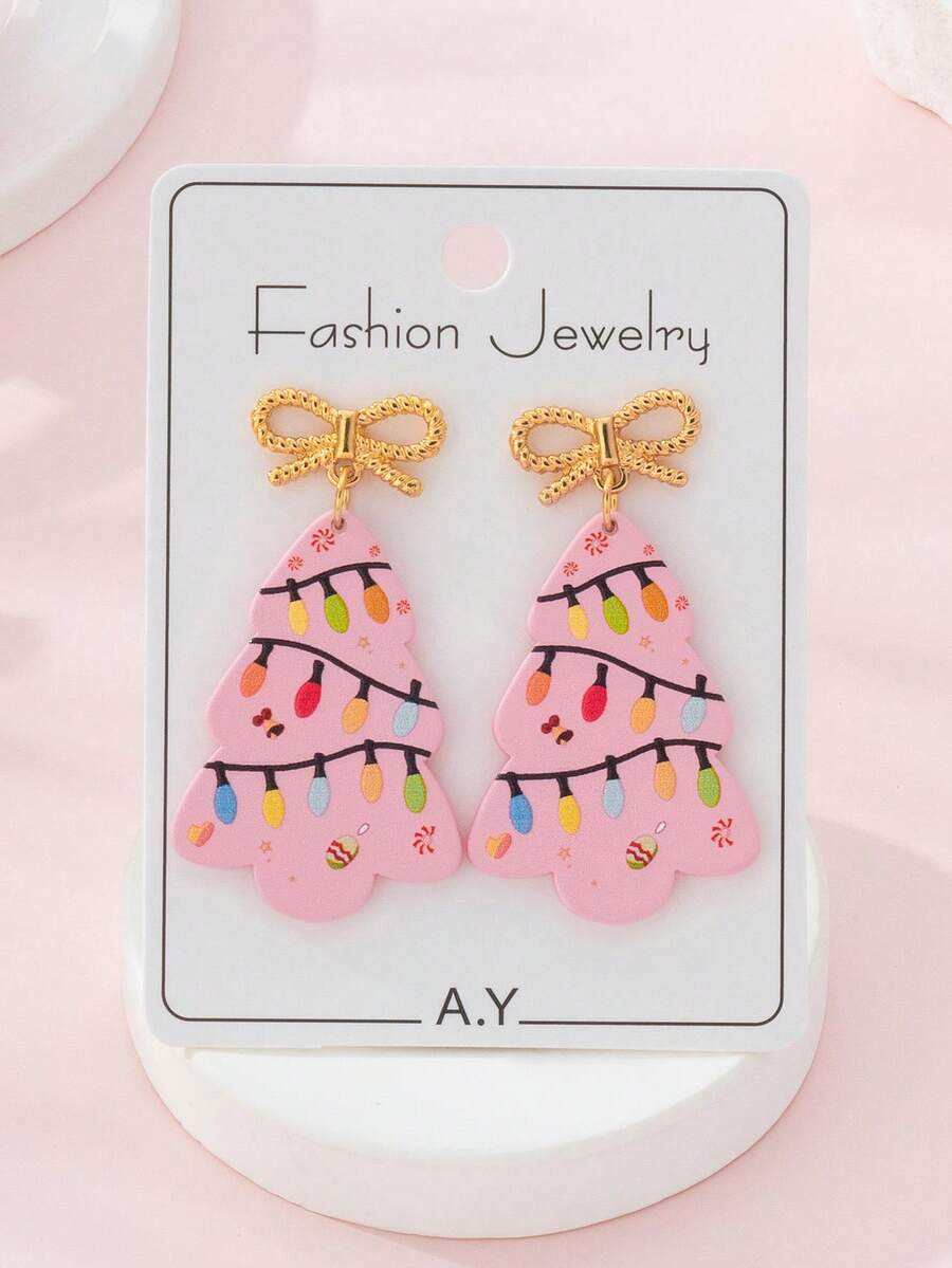 1 Pair Christmas Bowknot Colorful Lights Christmas Tree Faux Soft Pottery Design Women Fashion Jewelry Earrings, Perfect Gift For Holiday Parties - Pink - View 1