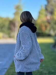 女式舒适中长款连帽夹克 麻花针织图案全拉链外套 - 灰色 - 查看 4