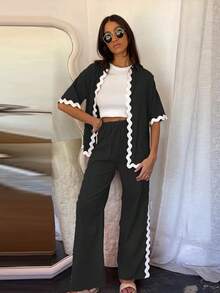 Wellenschnitt-Hosen-Sets für Frauen, lockere Revers-Kurzarmhemden, einreihige Hemden, lässige weite Hosen, Sommer-Outfit für Damen