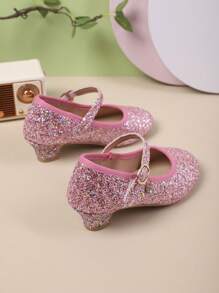 女童闪亮圆头高跟鞋，学生休闲百搭公主鞋，适合表演，秋季