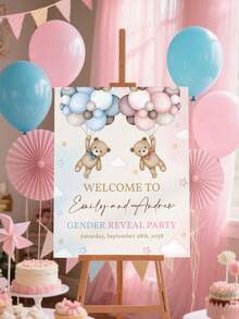 Customizable Teddy Bear Gender Reveal Welcome Sign, Pink And Blue Baby Bear Party Poster, He/She Yard Sign, Unisex Party Porch Sign, Editable, Frameless Canvas Only, Birthday Gift - Multicolor - View 4