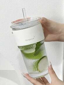 1pc Glass Coffee Mug With Simple Stripe & Straw, Water Bottle