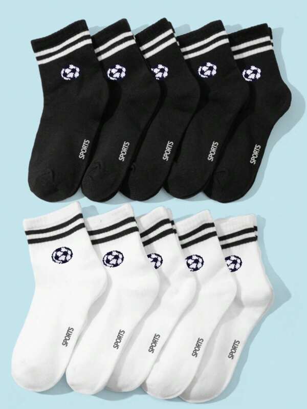 10/5 Pairs Spring/Summer Solid Color Children's Sports Socks, Classic Black & White Short Socks With Football Pattern Decor, Soft & Skin-Friendly, Comfortable Casual Student Sports Socks, Suitable For Back To School, Sports Events, Daily Wear, Holiday Gifts, Back To School Season