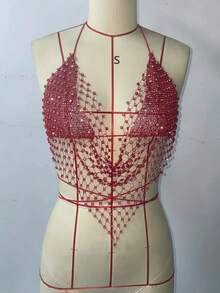 Modisches glänzendes Strass-Rückenfreies Camisole für Frauen Sexy Ausgeschnitten Durchsichtig Tiefer V-Ausschnitt Halterneck Crop Top Party Tanktop