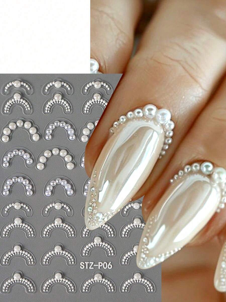 1pc Stickers For Nails With High Gloss Pearl Jewelry French Line Decoration Art Slider Holographic Self-Adhesive Tips Decals DIY Manicure Accessories Supplies - White - View 1