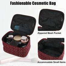Makeup Bag, Large Cosmetic Travel Bag Woolen Make Up Brush Organizer Bag Tweed Plaid Toiletry Bag For Women - 紅色 - 查看 2