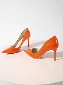 女士高端亮橙色漆皮8.5厘米细高跟尖头浅口性感派对夜店婚礼通勤日常高跟鞋，优雅 - 橘色 - 查看 8