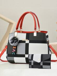 2pcs/Set New Luxury Women Handbag, Patchwork Versatile Crossbody Bag, Designer Brand Plaid Shoulder Bag - Black - View 6