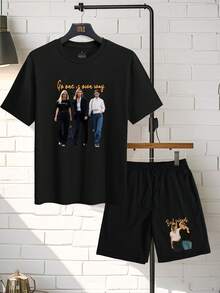 Customized 2 Pieces Set For Men, T-Shirt And Shorts, Casual, Loose, Streetwear, Sportswear, Vacation, Outdoor, Spring, Summer, Autumn, Suitable For Boyfriend, Family, Friends Birthday, Can Use Your Own Photo/Logo, Suitable For Couples, Pranks, Surprise Gifts - Black - View 3