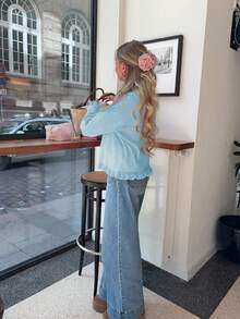 Senya Women's Light Blue Front Open Cardigan, Ruffle Trim Casual Knit Sweater, Round Neck Long Sleeve, Suitable For Daily Dates, Holidays, Vacations, Valentine's Day And Other Occasions, Thin Knit Jacket, New Year Outfit - Baby Blue - View 4
