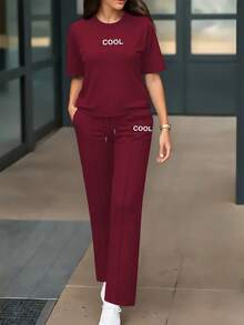 Women's Summer 2-Piece Set, Personalized Letter Print Round Neck Short Sleeve T-Shirt Paired With High Waist Drawstring Straight Leg Pants