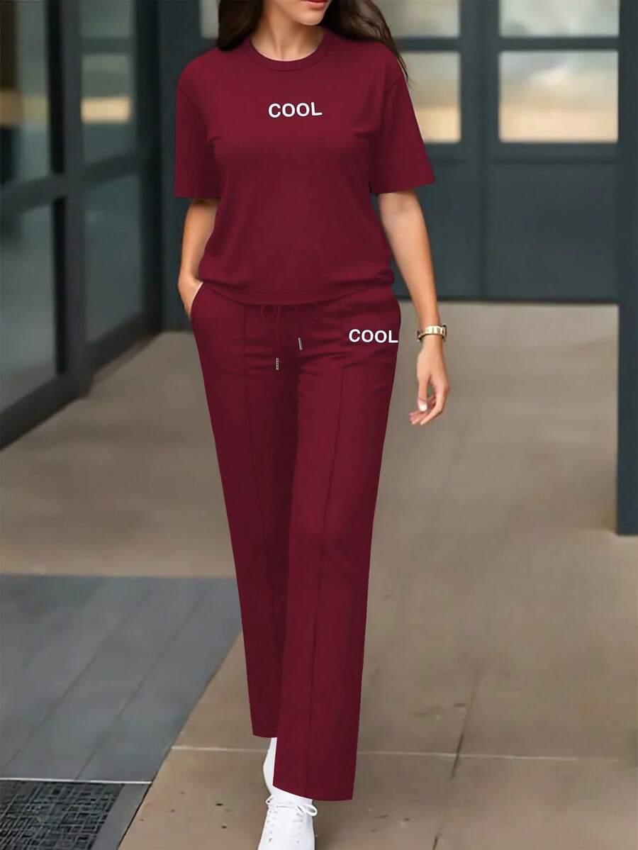 Women's Summer 2-Piece Set, Personalized Letter Print Round Neck Short Sleeve T-Shirt Paired With High Waist Drawstring Straight Leg Pants