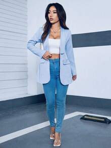 A&DD MODA, REF: 4043 - Women's Tailored Blazer, Maxi Long, Puff Sleeves, Classic Lapel Collar, Fitted And Elegant, Modern Formal Blazer, Sophisticated Piece, Slim Fit Design, Front Buttons, Chic And Casual Look, Ideal For Events And Work, Fashionable Women's Suit, Haute Couture - 淺藍色 - 查看 4