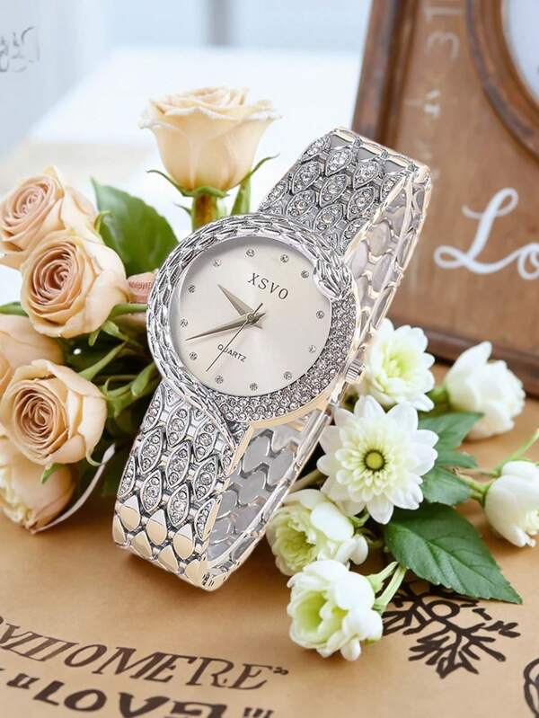 2025 New Fashion Rhinestone Round Dial Quartz Watch For Women, Versatile Stylish Ladies Watch Suitable For Daily Decoration, School, Gift, Wedding, Work And Other Occasions