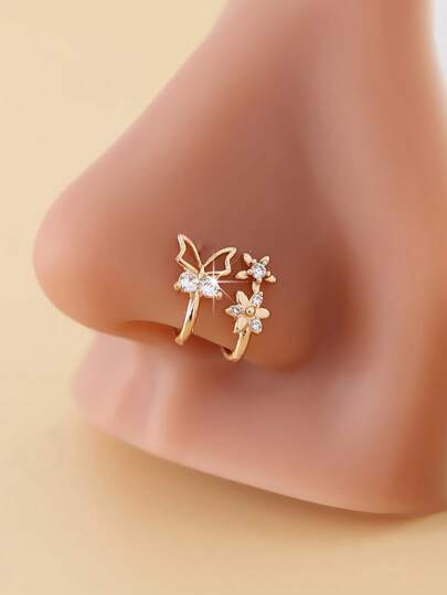 2 peças de clipes de nariz em formato de borboleta e flor, acessórios fofos e minimalistas para o nariz em estilo boêmio, piercings de nariz sem piercing, uso diário e presente