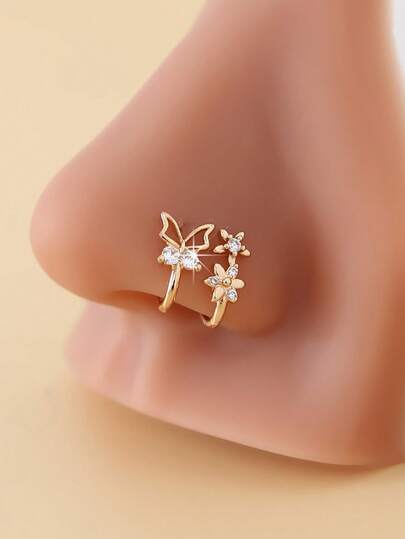 2pcs Butterfly & Flower Nose Clips, Cute Minimalist Bohemian Style Nose Accessories, Nose Rings Without Piercing, Daily Wear & Gift