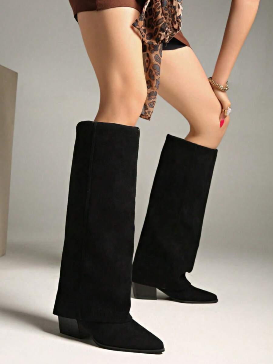 秋冬卡其色阔腿裤女筒靴，2024年夏季新品，尖头直筒高筒靴，西部牛仔靴，及膝靴 - 黑色 - 查看 1