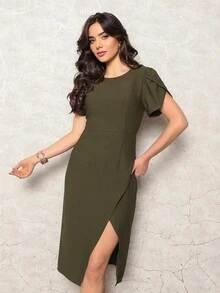 Women's Midi Dress Side Slit With Petal Sleeves Simple Daily - 軍綠色 - 查看 6