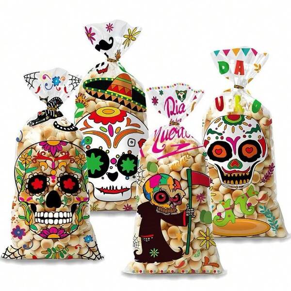 50pcs Skull Design OPP Candy Packaging Bags, Halloween Party Favor Bags