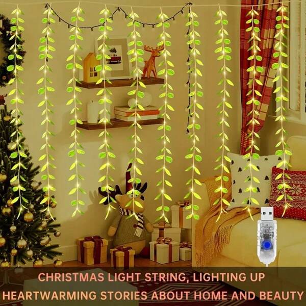 1 Stück 100 LED USB Weidenblatt Atmosphäre Licht - 8 Modi, 3M/9,84FT, sanftes gelbes Leuchten, ideal für Weihnachten, Hochzeit, Schlafzimmer, Zuhause, Garten Wanddekoration & Geburtstagsgeschenke, Garten Wandleuchte | Moderne Wandleuchte | langanhaltend Kunststofflicht, Außenwandleuchte