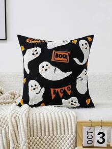 1pc Halloween Ghost& Bat & Pumpkins Polyester Canavas Cushion Cover With Exquisited Embroidered, No Pillow Core, Home Decor Pillow Case Room Decor Pillow Cases Cushion Covers Halloween Decor