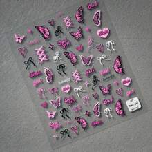 1pc Bad Gothic Nail Stickers - Edgy Pink & Black Matte Finish Self-Adhesive Decals With Butterfly, Heart, Cross & Star Designs For DIY Nail Art - Anime-Inspired PVC Stickers For Hands & Feet, Nail Design Stickers, Nail Decor, Edgy Beauty Accessories, Intricate Detailing, Hand And Feet Decor, Anime Fans - 彩色 - 查看 7