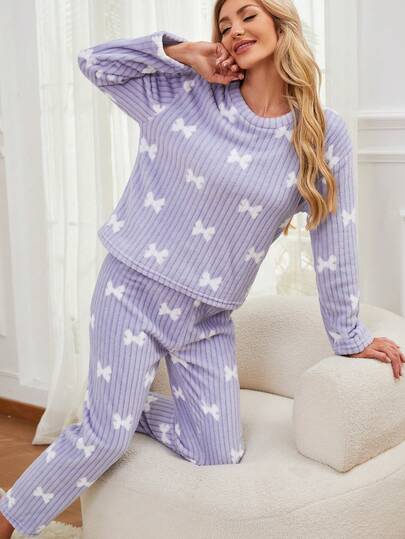 Thickened Fluffy Pajama Set, Minimalist Bow Homewear, Long Sleeve Top Pants, Indoor Outdoor Wear, Fall Clothes, Cozy view 4