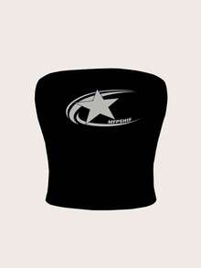 Top Sin Tirantes Ajustado Con Estampado De Estrellas, Adecuado Para el Verano - Negro - Ver 3