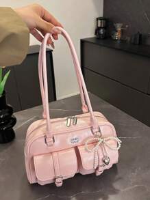 1pc Faux Leather Solid Color Vintage Multi-Pocket Large Capacity Women's Shoulder Bag, Comes With Accessory Charm (Accessory Charm May Vary Slightly By Batch) - Pink - View 8