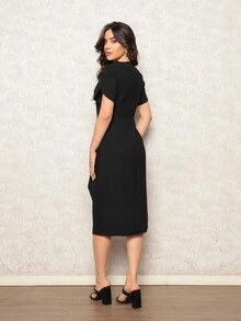 Women's Midi Dress Side Slit With Petal Sleeves Simple Daily - 黑色 - 查看 3