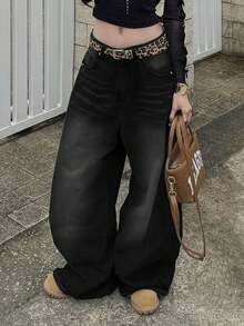 复古高街水洗黑色牛仔裤，女士时尚设计直筒宽松休闲阔腿裤，春夏款 - 黑色 - 查看 7