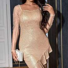 Neue europäische und amerikanische Damenkleider Pailletten Langarm Unregelmäßiges langes Kleid Elegantes Abendkleid