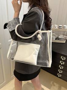 2件套时尚拼色透明沙滩手提包女士 - 白色 - 查看 6