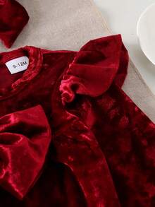 Jumpsuit Bayi Perempuan Warna Burgundy Beludru untuk Musim Gugur/Dingin, Jumpsuit Lengan Panjang Berkerut dengan Hiasan Pita + Bando Pita Polos - Burgundy - View 6