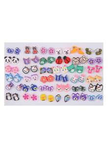 36pcs/Set Girls Cartoon Soft Clay Fruit Mixed Color Plastic Cute Fashion Earrings Set, Random Color & Style, No Box, Versatile For Daily Wear - Multicolor - View 15