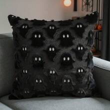 1 件 18x18 英寸黑色 3D 幽灵毛绒绗缝枕套，可爱恐怖万圣节抱枕套，深色趣味沙发靠垫套，适合万圣节派对/恐怖可爱卧室/日本惊悚装饰/德国恶作剧装饰/不给糖就捣蛋