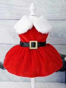 狗狗圣诞服装小狗连衣裙，圣诞老人宠物服装天鹅绒裙子保暖衬衫冬季外套圣诞节节日服装可爱女孩服装红色连衣裙，适合中小型犬和猫的狗狗服装，两种款式可供选择 - 彩色 - 查看 1