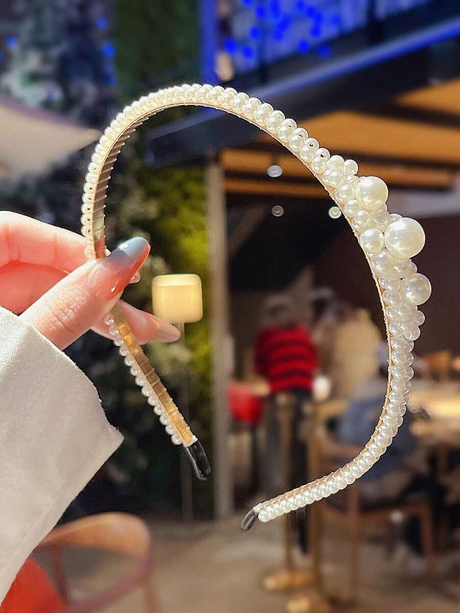 1pc New Pearl Headband, Handmade Braided Knot Crown Headpiece, Bridal Hair Accessories - White - View 1