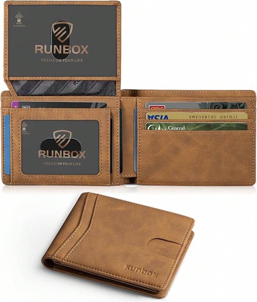 Runbox Wallet For Men Slim RFID Leather 2 ID Window With Gift Box - CH 黃棕色 - 查看 1