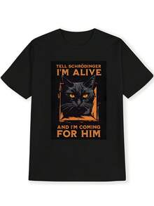 Quantum Mechanics Meme Print Casual Crew Neck Men's T-Shirt, Schrödinger's Cat Pattern Men's Top, Quantum Enthusiast Gift, Funny Tee for Friends, Halloween Party Novelty Shirt, Orange-Eyed Black Cat Print Men's Apparel, Funny Gift, Casual Wear, Humorous Design, Pop Culture Shirt, Comfortable Fit, Breathable Fabric, Printed Top, Gift for Friends, Meme Fans - Negro - Ver 6