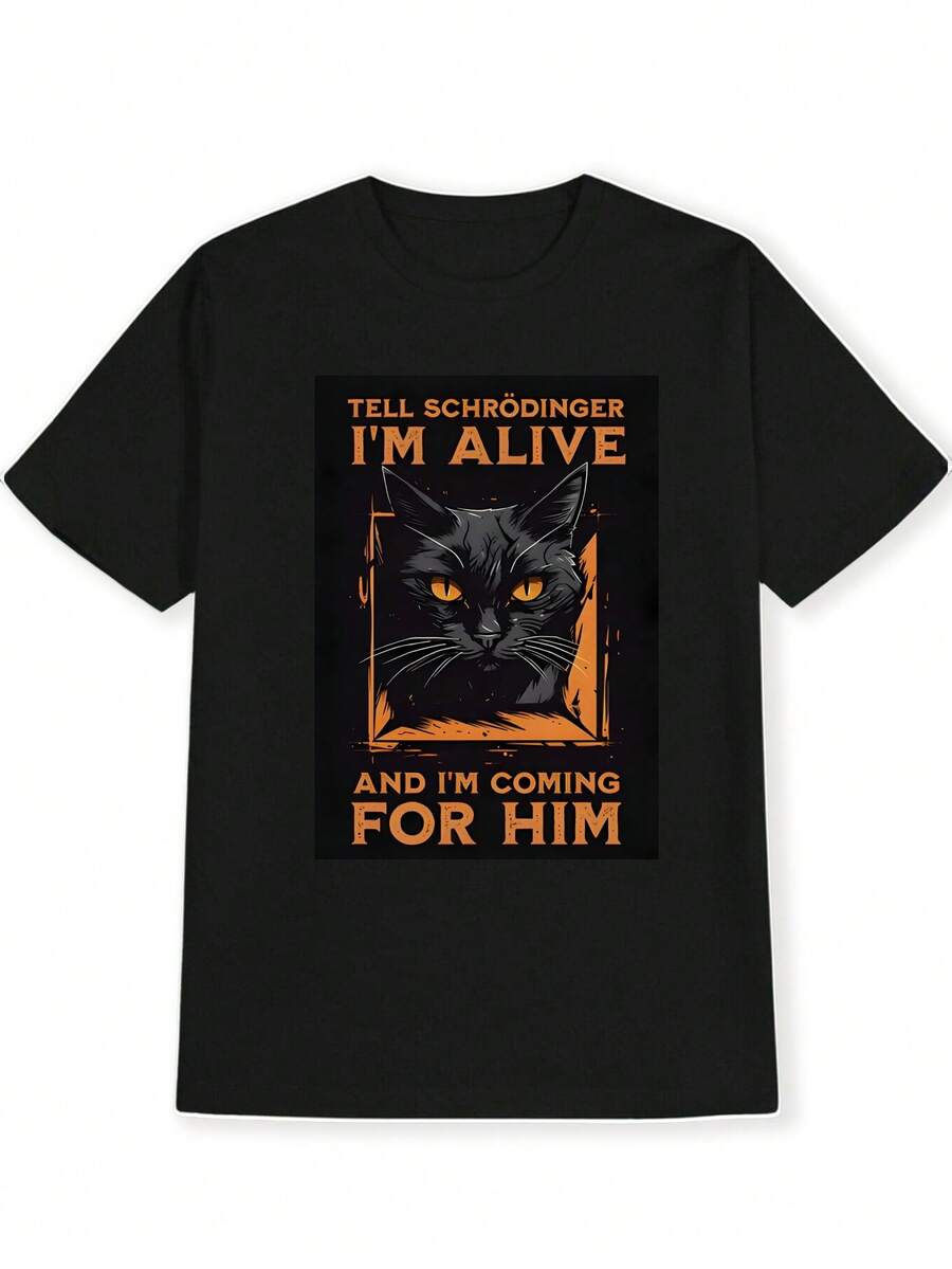 Quantum Mechanics Meme Print Casual Crew Neck Men's T-Shirt, Schrödinger's Cat Pattern Men's Top, Quantum Enthusiast Gift, Funny Tee For Friends, Halloween Party Novelty Shirt, Orange-Eyed Black Cat Print Men's Apparel, Funny Gift, Casual Wear, Humorous Design, Pop Culture Shirt, Comfortable Fit, Breathable Fabric, Printed Top, Gift For Friends, Meme Fans. - Black - View 1