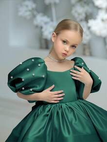 Young Girl Green Pearl Puff Sleeve Bowknot Party Dress, Elegant Princess Dress Suitable For Girls Birthday Party, Christmas Party, Wedding, Flower Girl, Holiday Celebration