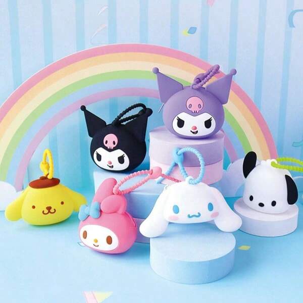 Sanrio 1/6-teiliges Set rosa süße My Melody Mini-Geldbörse für Kopfhörer und Münzen, Kuromi hochwertige Silikon-Kleingeldbörse, Taschendekoration, Kopfhörer und Schmuck tragbare Organisation und Aufbewahrungstasche, geeignet für Schlüsselanhänger, Make-up
